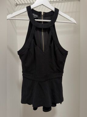 bebe Y2K Black Backless Halter Peplum Top